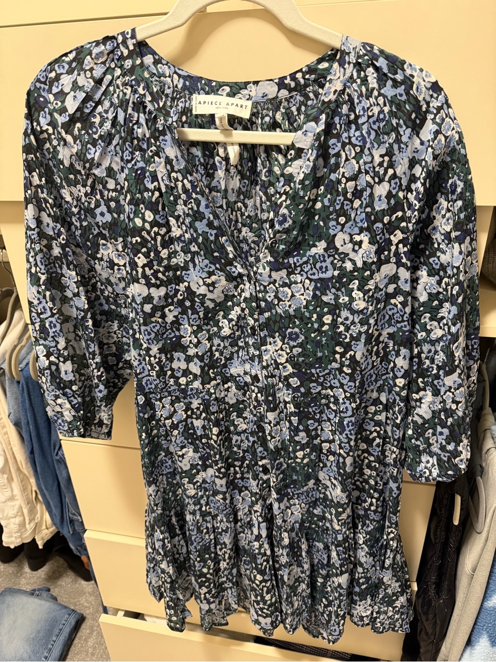 Apiece Apart Navy and Light Blue Floral Tiered Long-Sleeve Dress